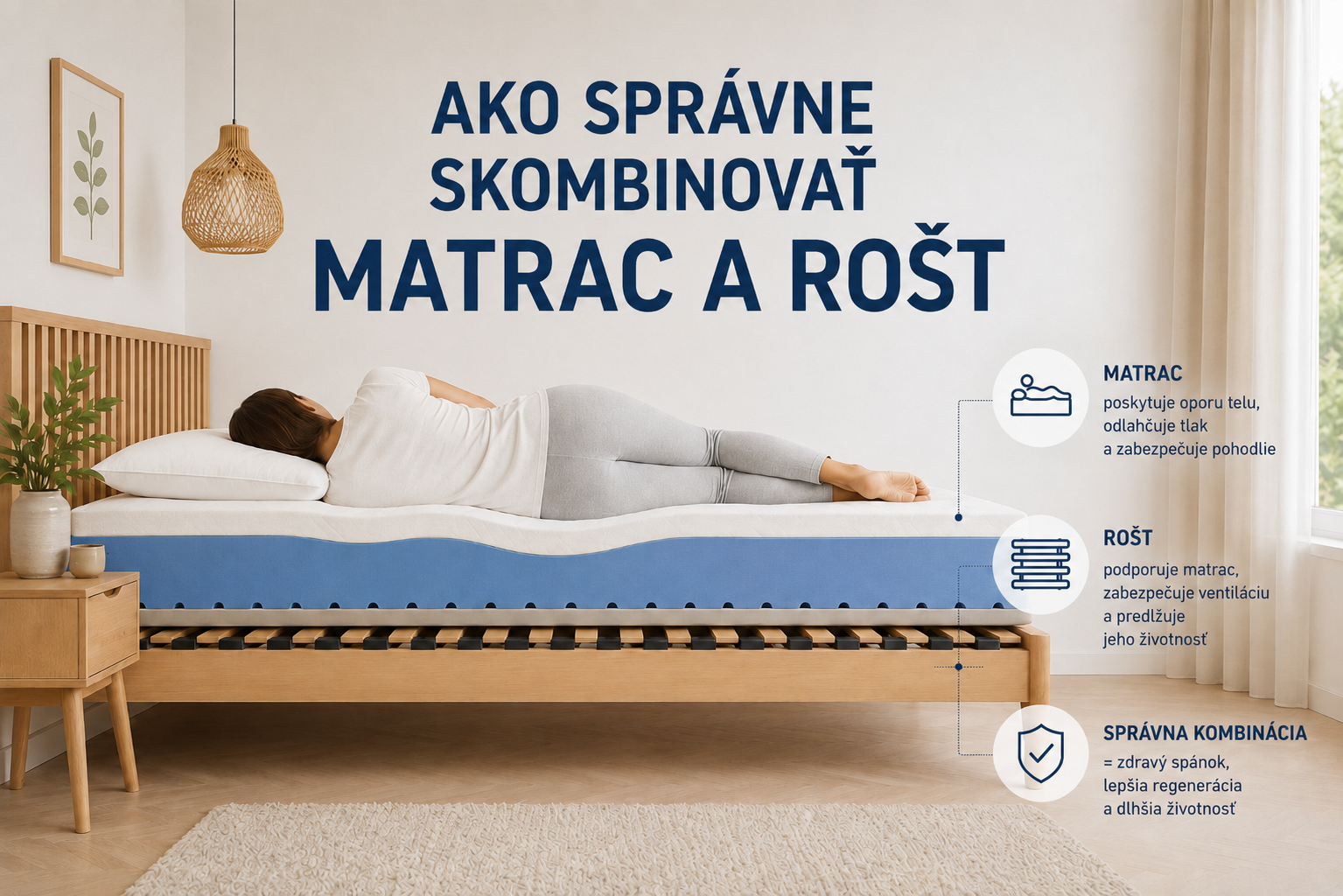 Žena na matraci s roštom pre zdravý spánok